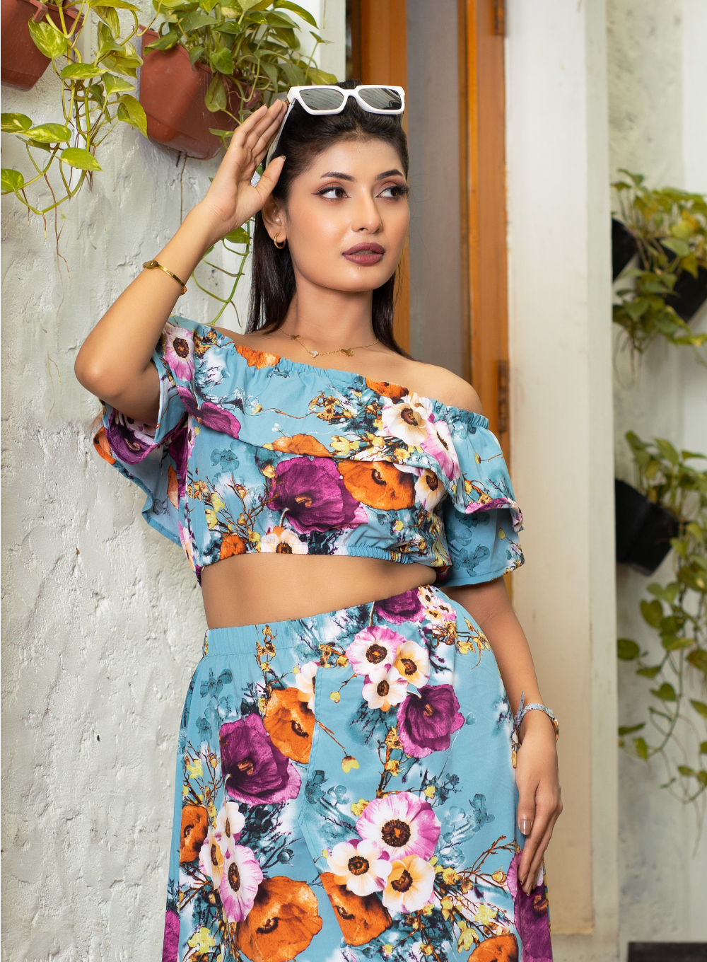 Floral Printed Off-Shoulder Crop Top with Skirt Co-Ords