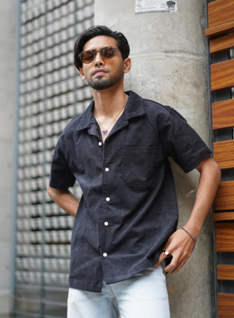 611 - Black Corduroy Camp Shirt