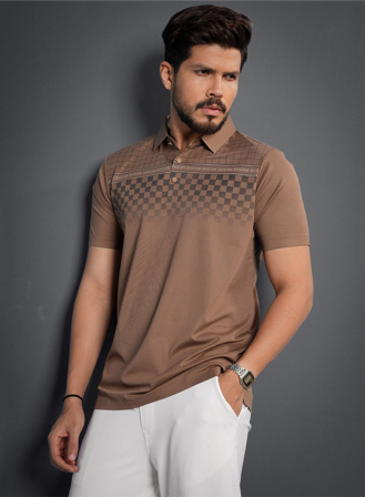 1153 - Brown Semi Check Pattern Premium Polo T-Shirt