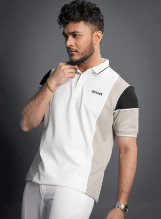 1116 - Double Contrast White & Light Biscuit Premium Polo T-shirt