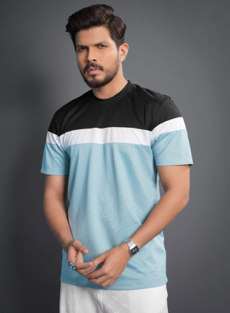 1090 - Sky Blue & Black Contrast Premium Short Sleeves T-Shirt