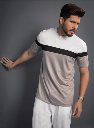 1096 - Biscuit & White Contrast Premium Short Sleeves T-Shirt