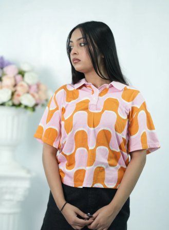 1204 - Wavy Pink Cropped Polo