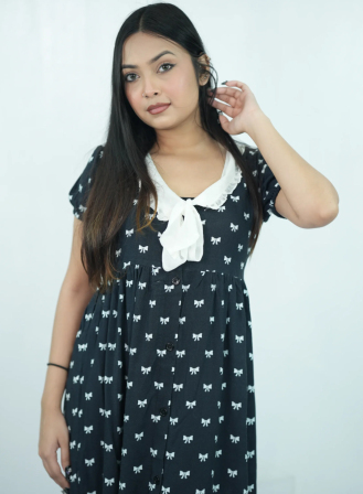 1209 - Bow Printed Midi Dress With Collar