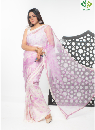 1419 - Jute Fusion Saree- Rose Colour
