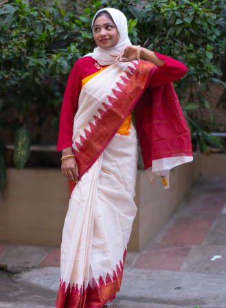 1422 - Jute Fusion Saree- White & Red
