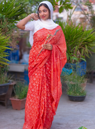 1424 - Jute Fusion Saree- Orange