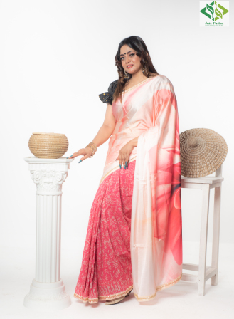 1428 - Jute Fusion Saree- Rose Colour