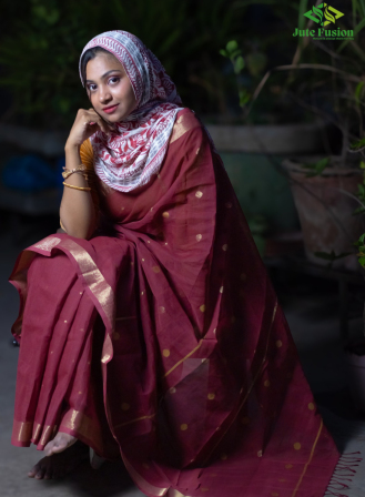 1430 - Jute Fusion Saree- Maroon
