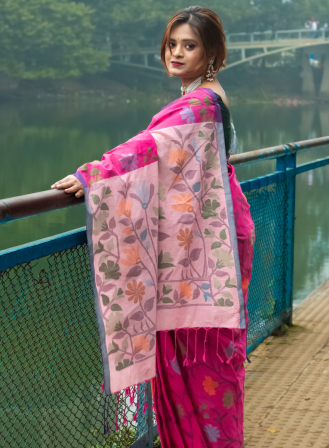 1435 - Jute Fusion Saree- Rose Colour