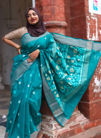 1437 - Jute Fusion Saree- Firoza Colour