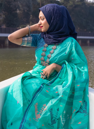 1438 - Jute Fusion Saree- Firoza Light