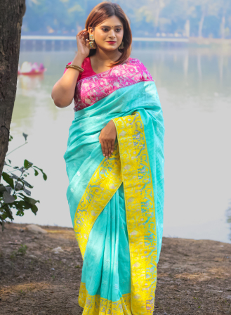1442 - Jute Fusion Saree cotton Multicolor