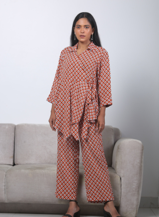 1592 - LS536 Women's Set Orange White Print