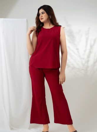 1654 - Classic Red Sleeveless Short Length Solid Co-ord Set