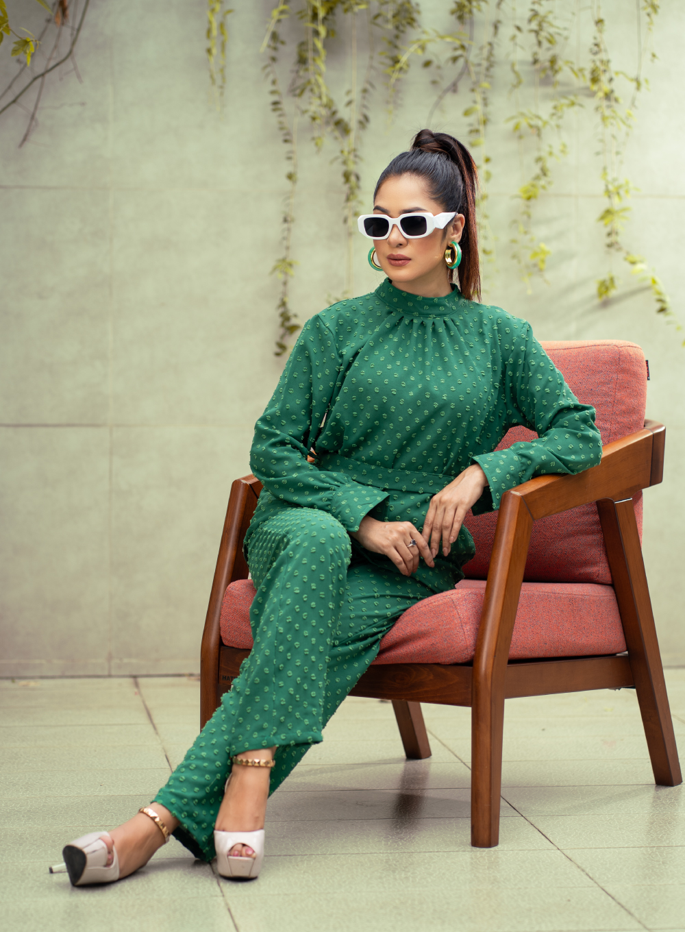 1635 - Emerald Whisper Ruffled High Neck Co-Ord Set