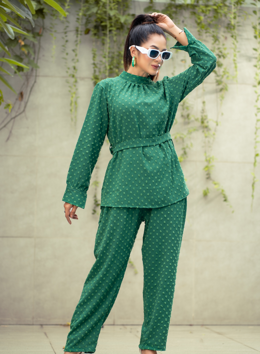 1635 - Emerald Whisper Ruffled High Neck Co-Ord Set