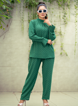 1635 - Emerald Whisper Ruffled High Neck Co-Ord Set