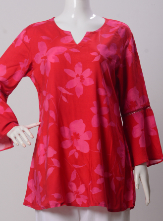 1758 - LT1091 Women's Top Pink Flower on Red