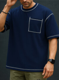 1896 - Contrast Stitch Oversized Drop Shoulder T-shirt – Navy blue
