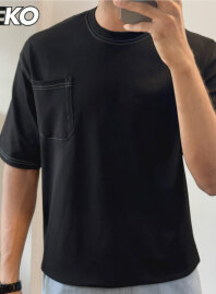 1897 - Contrast Stitch Oversized Drop Shoulder T-shirt – Black lite
