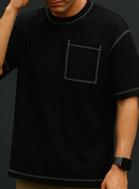 1899 - Contrast Stitch Oversized Drop Shoulder T-shirt – Black