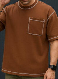 1900 - Contrast Stitch Oversized Drop Shoulder T-shirt – Brown