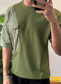 1903 - Stripe pocket Oversized T-shirt – Olive