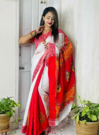 2124 - Dhupiyan Silk Saree DH-07 - White & Red