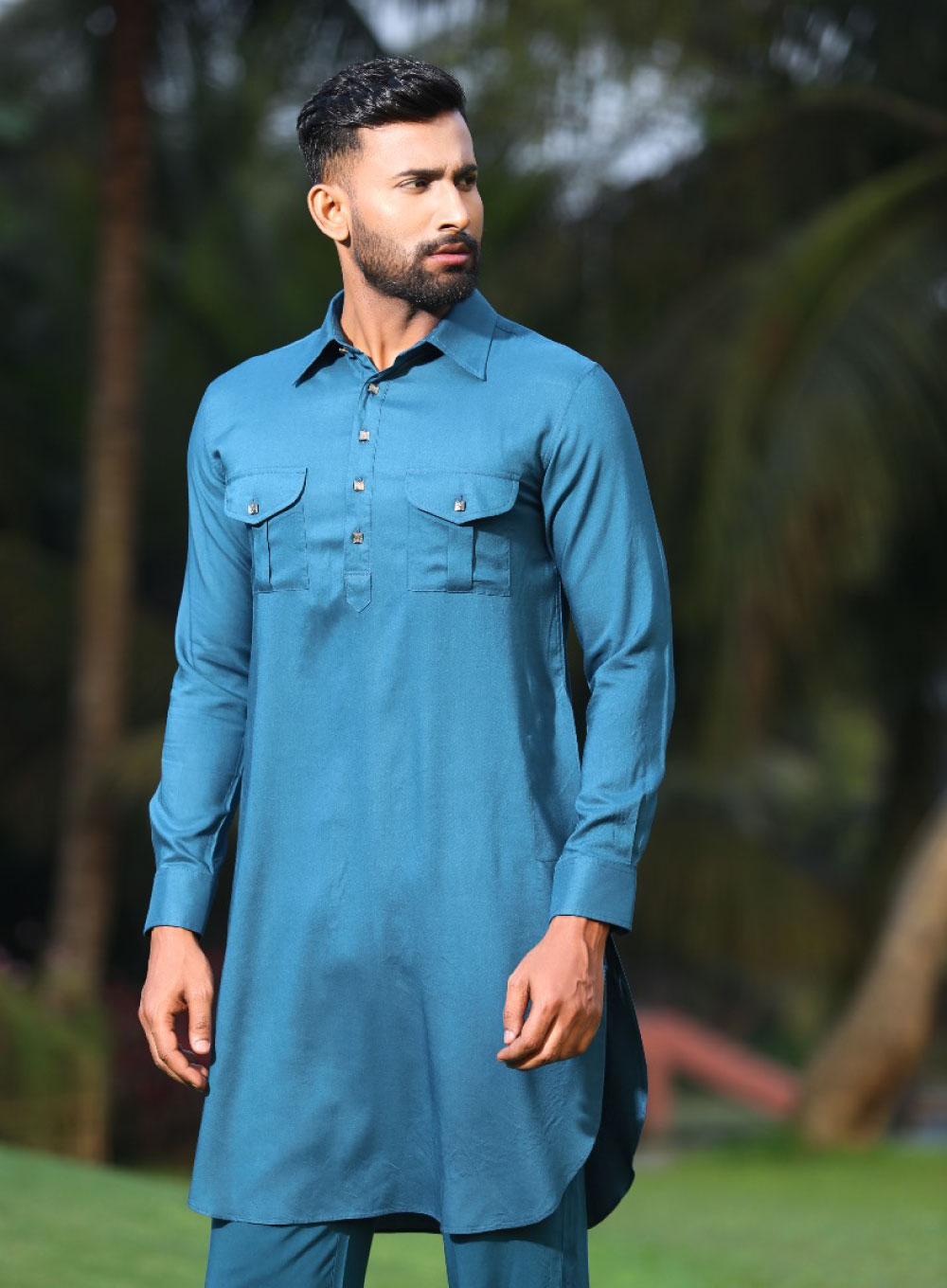 2142 - MKS759 Men's Panjabi Teal & Blue