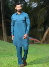 2142 - MKS759 Men's Panjabi Teal & Blue