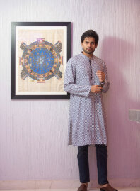 2151 - Men's Panjabi White Blue Print