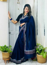 2159 - Khadi Cotton Saree - Navy Blue