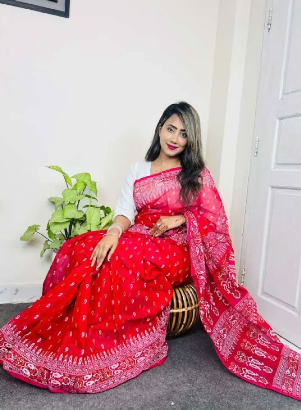 2169 - Half Silk Block Print Saree (Red)