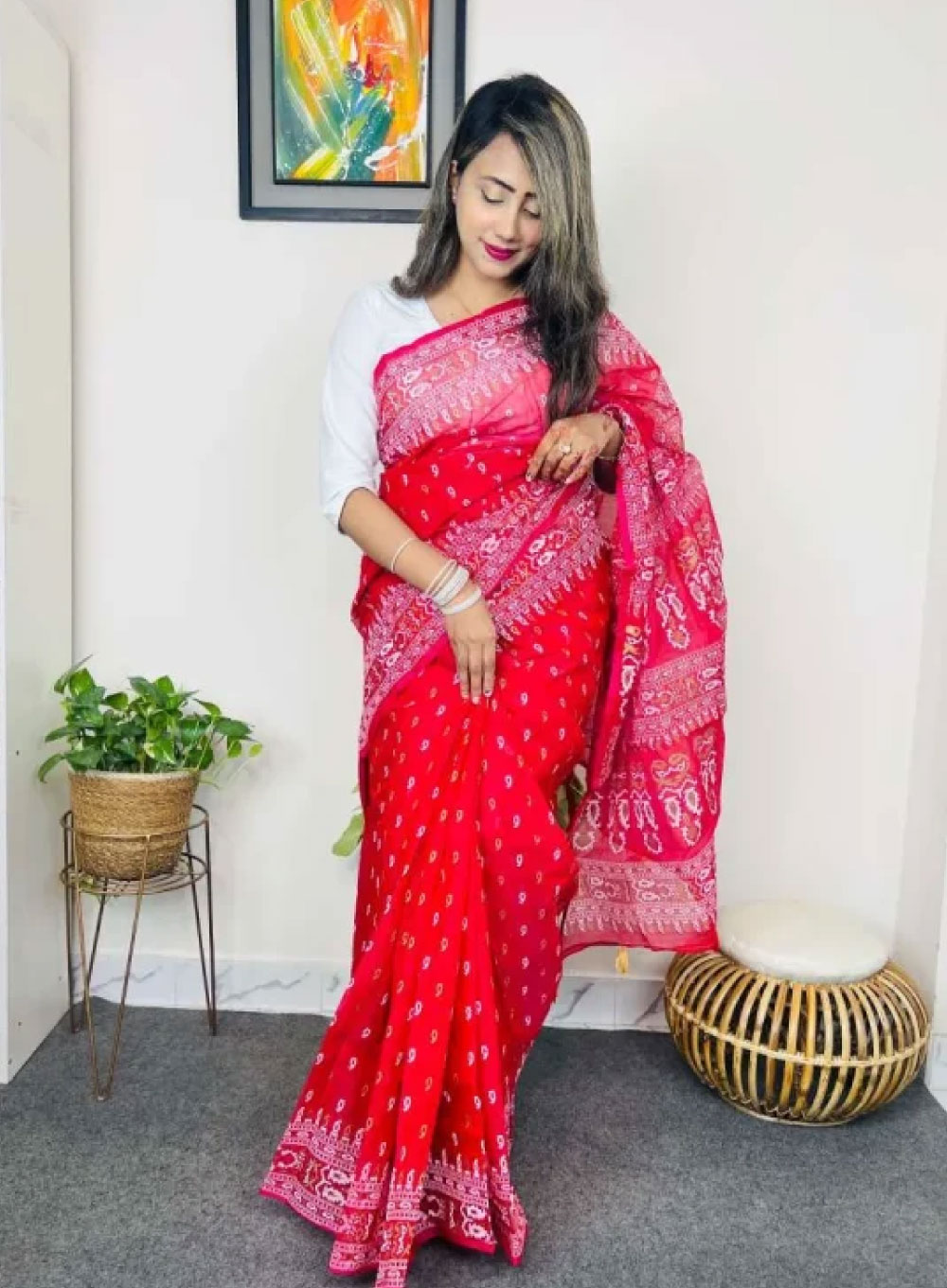 2169 - Half Silk Block Print Saree (Red)