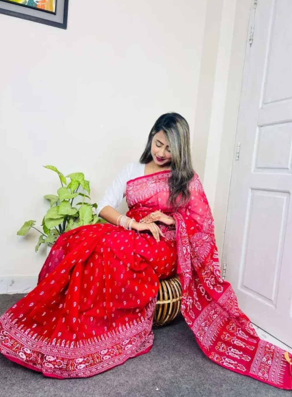 2169 - Half Silk Block Print Saree (Red)