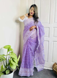 2170 - Half Silk Block Print Saree (Lavender)