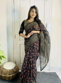 2172 - Half Silk Block Print Saree (Multi Black)