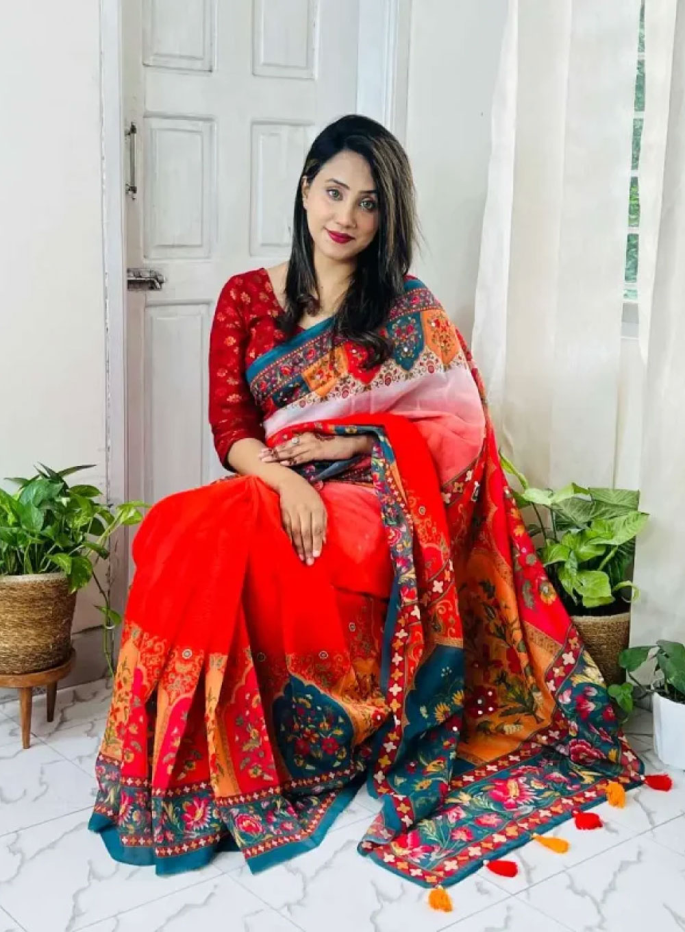 2175 - Chanderi Silk Saree (Orange & Multi)
