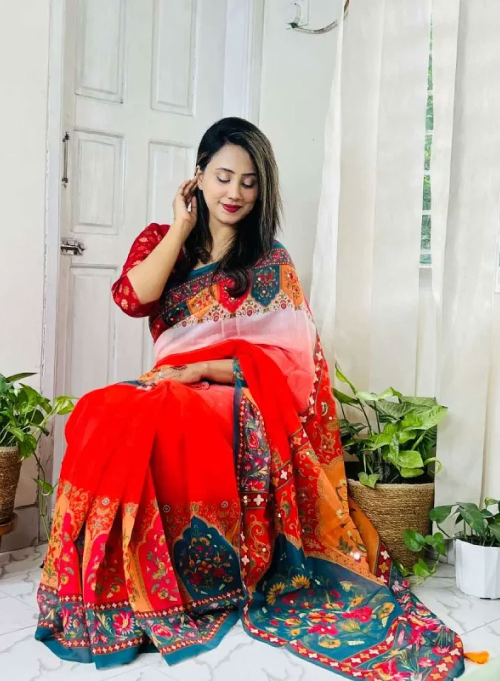 2175 - Chanderi Silk Saree (Orange & Multi)