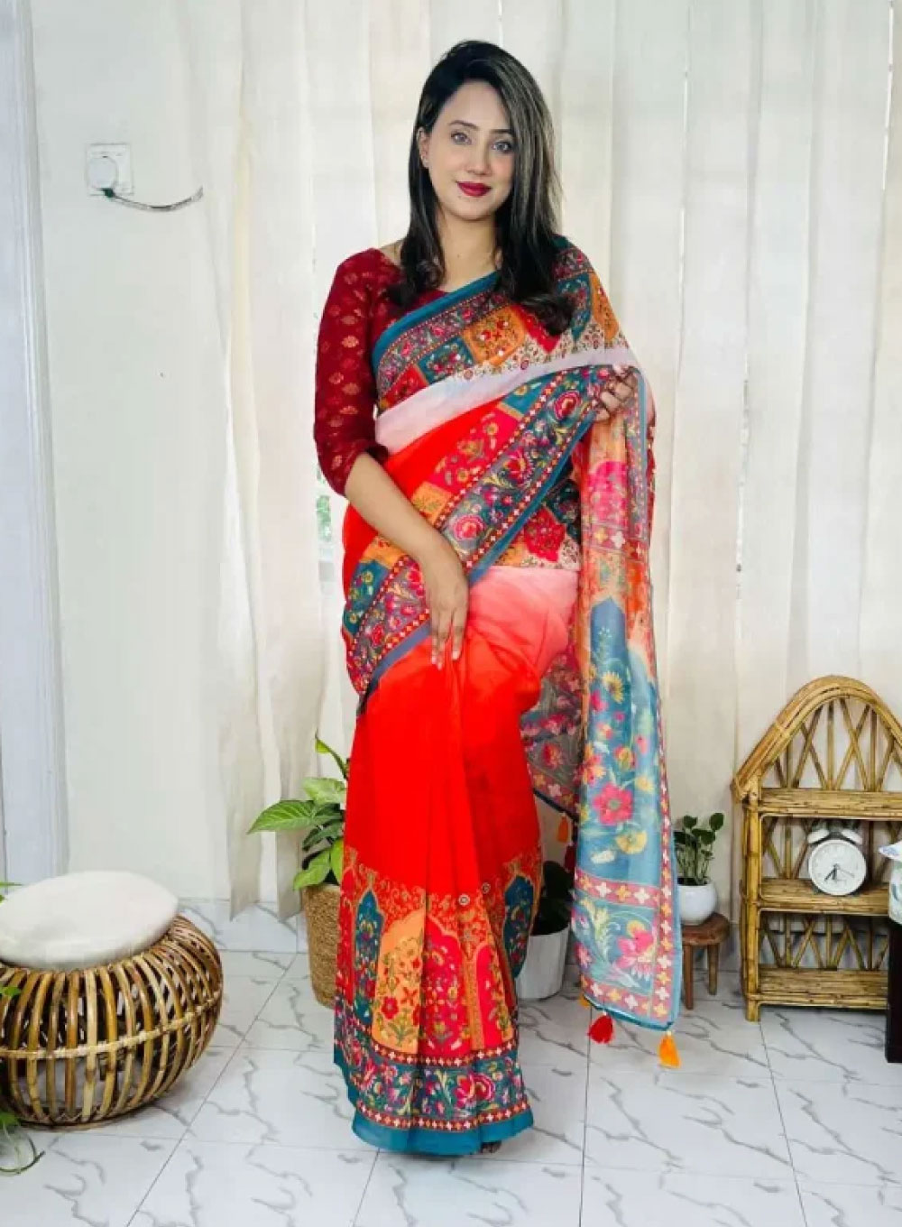 2175 - Chanderi Silk Saree (Orange & Multi)