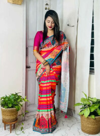 2176 - Chanderi Silk Saree (Red & Multi)